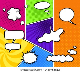 Comic book background.
Blank white speech bubbles of different shapes. Vector illustration