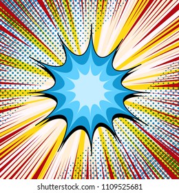 Comic book background with blue speech bubble, halftone, light radial, red rays effects. Vector illustration