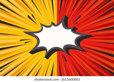 Comic book background. Cartoon pop art design frame with retro effect. Starburst striped poster with speech bubble. Vintage bright superhero backdrop. Vector abstract banner