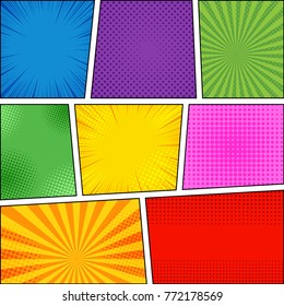 Comic book background with different humor effects in green, yellow, orange, red, pink and blue colors. Pop art style. Vector illustration