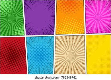 Comic book background with eight templates, radial, rays, halftone and dotted humor effects in different colors. Pop art style. Vector illustration