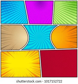 Comic book background with halftone rays and radial effects in different colors in pop-art style. Vector illustration