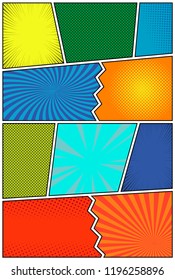 Comic book background with halftone rays dotted radial circles striped effects in bright colors in pop-art style. Vector illustration. EPS 10