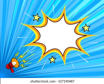Comic book background with megaphone announcement, blank dialog window, speech bubble template, old vintage magazine style