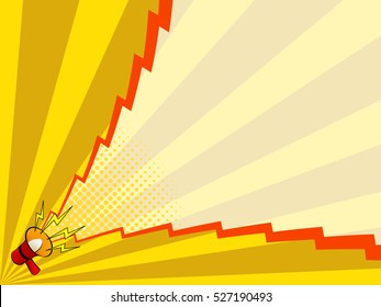 Comic book background with megaphone announcement, blank dialog window, speech bubble template, old vintage magazine style