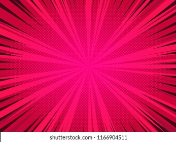 Comic book background, old vintage magazine style, halftone texture, abstract. Vector high quality. Red, pink radial background. EPS 10