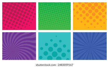 Comic book background page template of colorful frames with rays, radial, halftone and dotted effects. equle divided, vector illustration