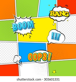 Comic book background pop-art style. Speech bubble, explosion. Colorful vector illustration. Bright cartoon comics