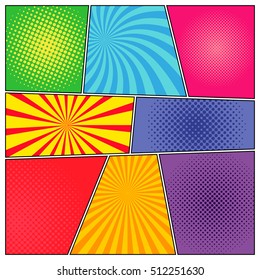 Comic book background with radial and halftone effects in pop-art style. Blank template. Vector illustration