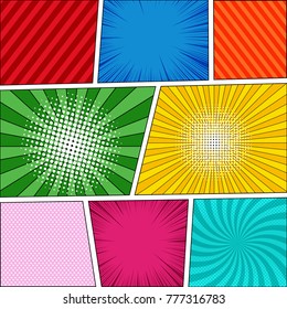 Comic book background with radial halftone slanted lines rays effects in pop art style. Vector illustration