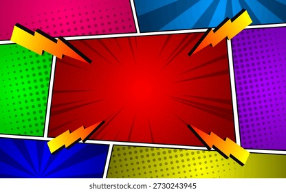 Comic book background in various colors. Blank template background. Pop art style.