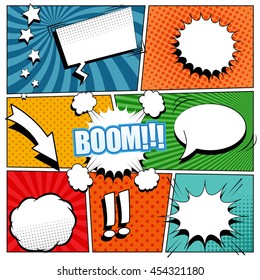 Comic book background. Vector illustration with speech bubbles, arrow, stars, blots, sound and halftone effects, funny radial and dotted backgrounds. Pop-art style. svg