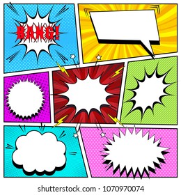 Comic book background with white speech bubbles of different shapes Bang wording sound stars lightnings halftone rays striped dotted and radial effects. Vector illustration