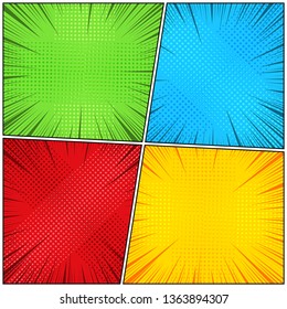 Comic book backgrounds collection with halftone radial and rays humor effects in green yellow red blue colors. Vector illustration