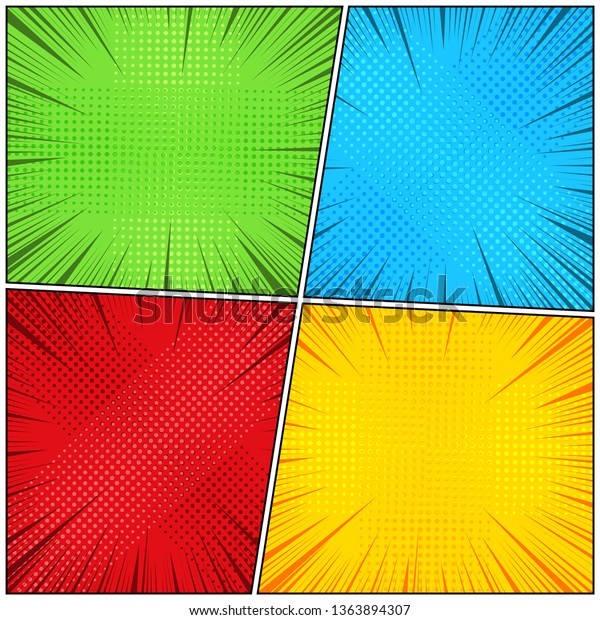 Comic book backgrounds collection with\
halftone radial and rays humor effects in green yellow red blue\
colors. Vector\
illustration