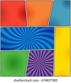 Comic book backgrounds collection with radial, halftone and dotted effects in red, orange, blue, turquoise, yellow, green, purple colors. Pop art style. Vector illustration