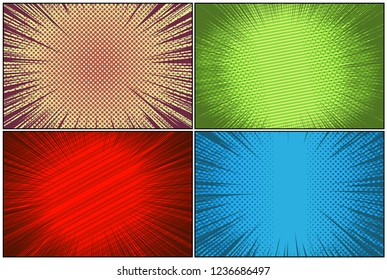 Comic book backgrounds collection with rays slanted lines and halftone effects in different colors. Vector illustration