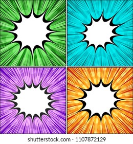 Comic book backgrounds collection with white speech bubbles radial dotted rays effects in bright colors. Vector illustration