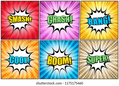 Comic book backgrounds set with colorful Smash Crash Bang Cool Boom Super wordings radial explosive rays dotted and halftone effects. Vector illustration