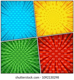 Comic book backgrounds set with four templates radial halftone spiral dotted oval and rays effects in blue red yellow green colors. Vector illustration