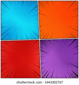 Comic book backgrounds set with halftone and rays humor effects in blue orange red purple colors. Vector illustration