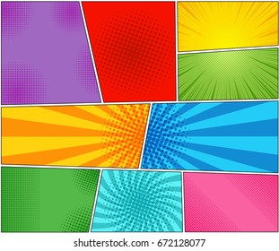 Comic book backgrounds set with rays, radial, halftone and dotted effects in pop art style. Vector illustration