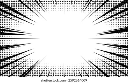Comic book black radial lines background Rectangle fig. Comic line with halftone vector illustration