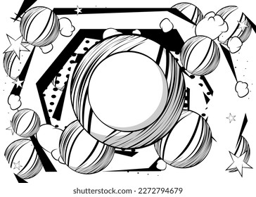 Comic book Black and white Advertising background. Comics Presentation poster with blank sphere for text. Abstract busy space, retro pop art style.
