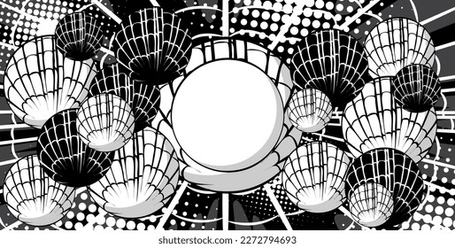 Comicbuch Schwarz-Weiß-Werbehintergrund. Comics Presentation Poster mit leerer Sphäre für Text. Abstrakter geschäftiger Raum, Retro-Pop-Art-Stil.
