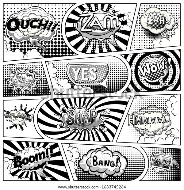 Comic book black and white\
page template divided by lines with speech bubbles. Vector\
illustration.
