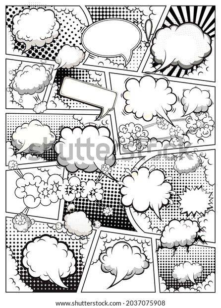 Comic book black and\
white page template divided by lines with speech bubbles. Vector\
illustration.\
