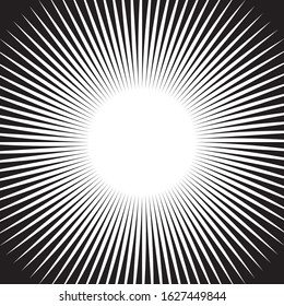 Comic book black and white radial lines background Manga or anime speed texture Superhero action frame Zoom effect Pop art gradient design Explosion vector illustration