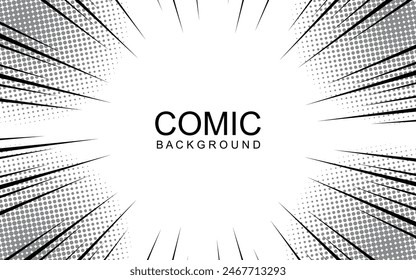 Comic book black and white radial lines background. Manga speed frame. Super hero action. Vector illustration.