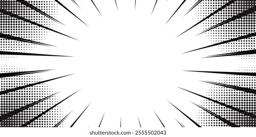Comic book black and white radial lines background. Manga speed frame. Super hero action. Vector illustration.