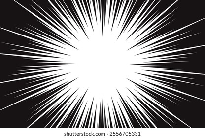 Comic book black and white radial lines background. Super hero action. Vector illustration.