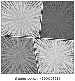 Comic book black and white radial lines collection. Cartoon comics background with motion, speed lines. Retro Pop Art style. Vector illustration