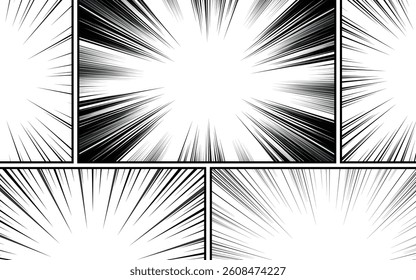 Comic book black and white radial lines collection. Cartoon comic background with speed motion lines. Vector illustration