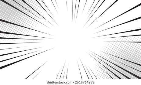 Comic book black and white radial lines background. Manga speed frame. Super hero action. Retro halftone comic burst template