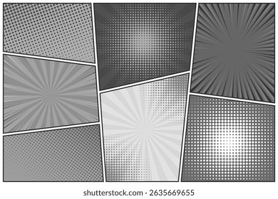 Coleção de linhas radiais em preto e branco do quadrinho. Quadrinhos de fundo com movimento, linhas de velocidade. Estilo Pop Art Retrô. Ilustração vetorial