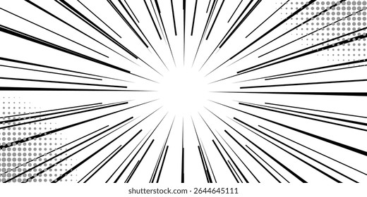 Comic book black and white radial lines background. Manga speed frame. Super hero action. Vector illustration.