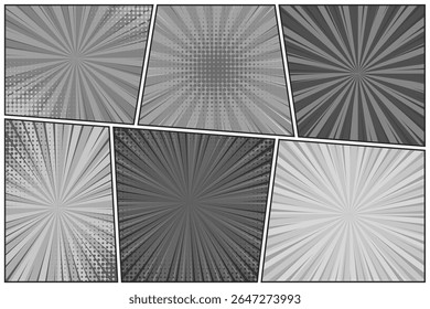 Coleção de linhas radiais em preto e branco do quadrinho. Quadrinhos de fundo com movimento, linhas de velocidade. Estilo Pop Art Retrô. Ilustração vetorial