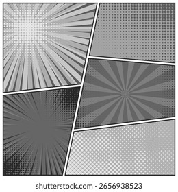 Comic Buch schwarz-weiß Radiallinien Sammlung. Cartoon Comics Hintergrund mit Bewegung, Linien. Retro Pop Art Stil. Vektorgrafik