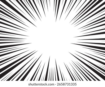 Fondo de líneas radiales en blanco y negro de cómic. Manga marco de velocidad. Fondo de acción de superhéroes. Ilustración vectorial.
