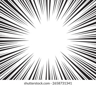 Fondo de líneas radiales en blanco y negro de cómic. Manga marco de velocidad. Fondo de acción de superhéroes. Ilustración vectorial.