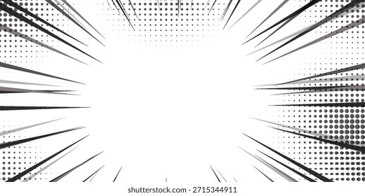 Fondo de líneas radiales en blanco y negro de cómic. Manga marco de velocidad. Acción de superhéroe. Ilustración vectorial.