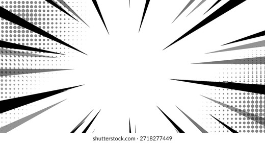 Fondo de líneas radiales en blanco y negro de cómic. Manga marco de velocidad. Acción de superhéroe. Ilustración vectorial.