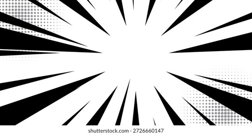 Fondo de líneas radiales en blanco y negro de cómic. Manga marco de velocidad. Acción de superhéroe. Ilustración vectorial.