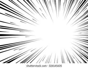 Comic Book Black And White Radial Lines Background. Manga Speed Frame.Superhero Action. Explosion Vector Illustration. Square Stamp.