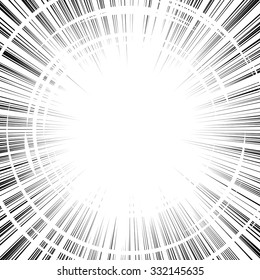 Comicbuch, schwarz-weißer Radiallinienhintergrund. Manga Speed Frame.Superhero Action. Explosion, Vektorgrafik. Quadratische Briefmarke.