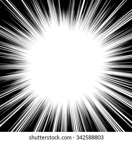 Comic book black and white radial lines background. Manga speed frame.Superhero action. Explosion vector illustration. Square fight stamp.